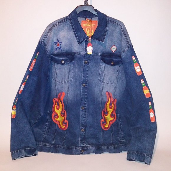 Born Fly Mens Denim Jacket 6X Blue Orange Streetwear Embroidered Hot Stuff Butto